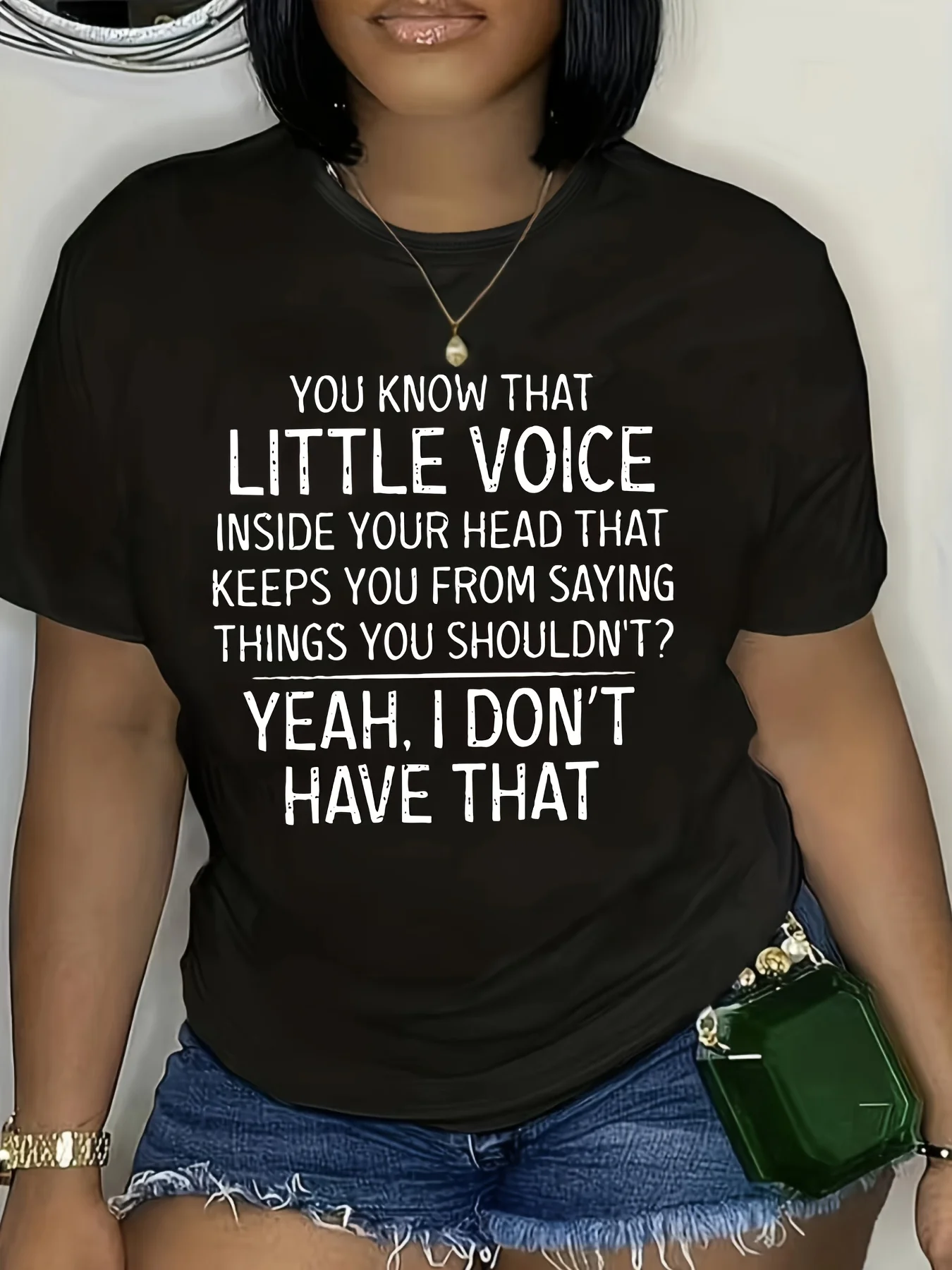 

Plus - Size Black Round Neck T - Shirt with Sassy Quote: 'YOU KNOW THAT LITTLE VOICE...': Bold and Humorous