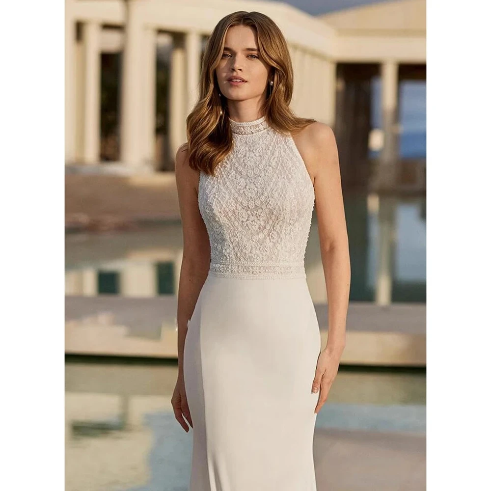 Vestidos De Novia elegantes personalizados para mujer, Vestidos De Novia con cuello redondo, apliques De encaje, vaina De sirena sin espalda, 2024