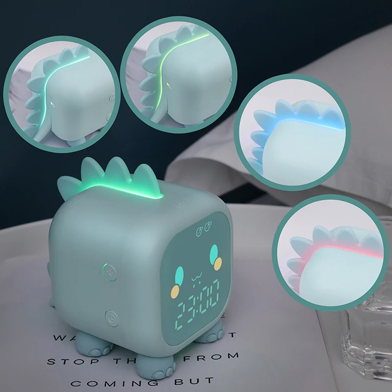 Kids Dinosaur Alarm Clock with Night Light, Digital Sleep Trainer for Children with Gentle Wake-Up & Time Learning