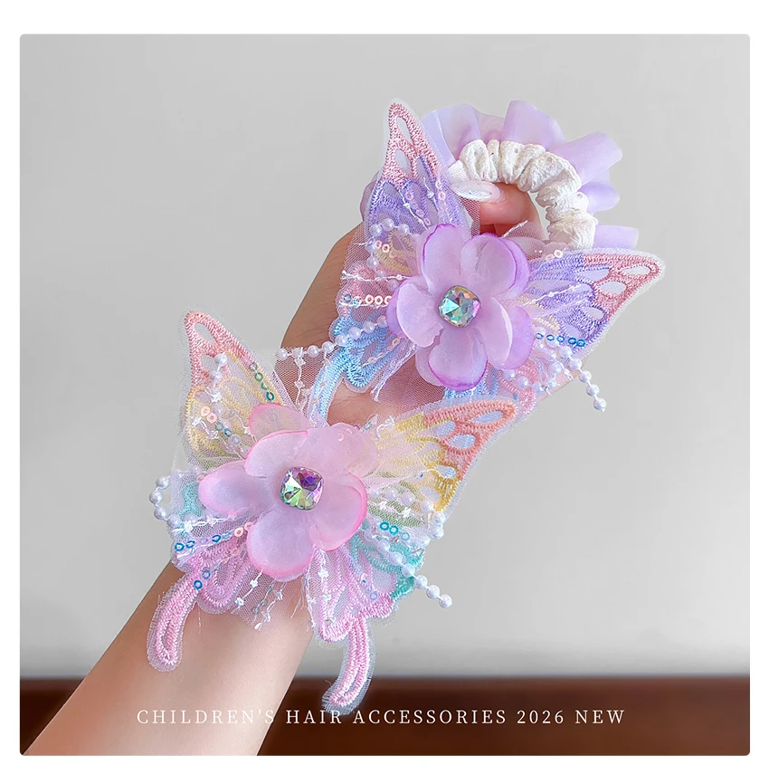Neue Niedliche Schmetterling-Stoff-Scrunchies für Frauen und Mädchen 2026 Modische Feenprinzessin-Stil Hochelastische Haargummis Pferdeschwanzhalter – Detail 9