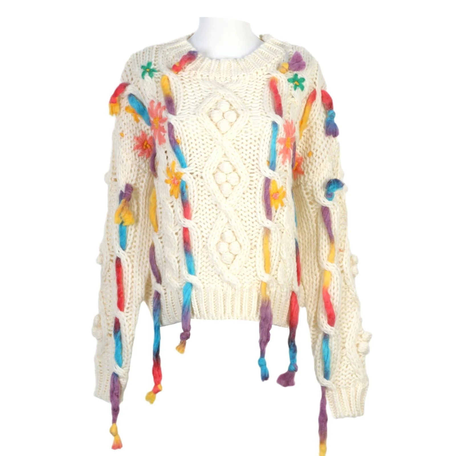 

2025 Autumn Winter Boho Retro Sweater Heavy Handmade Thick Needle O-Neck Colored Knitted Sweater Women's Warm Pullover Tops