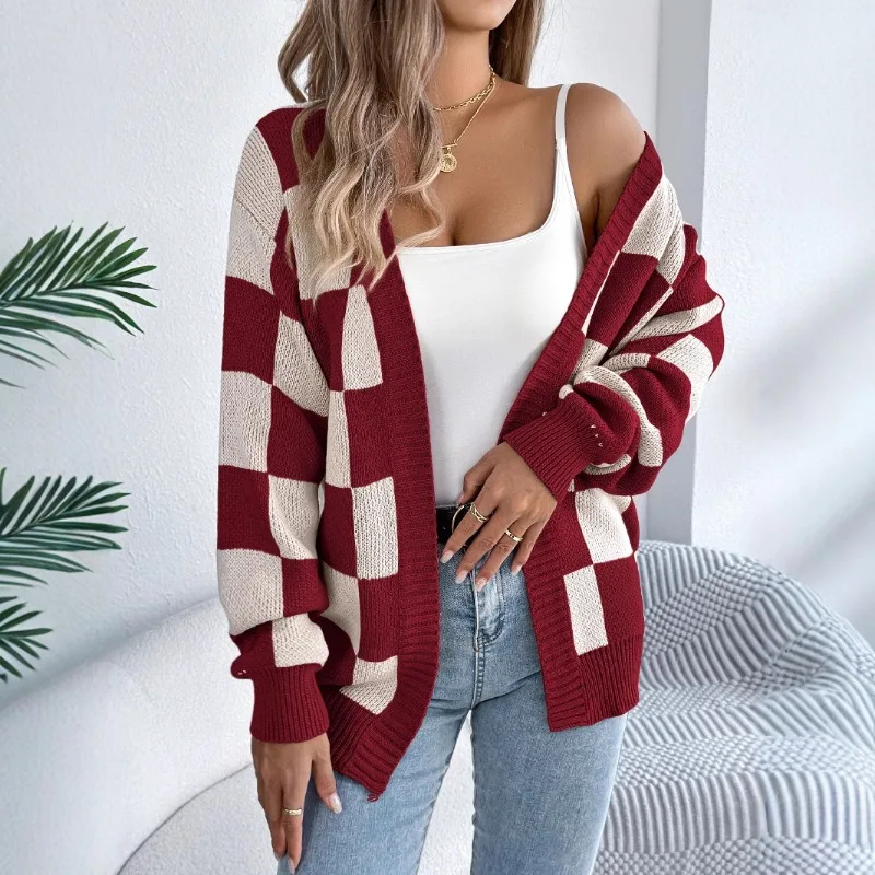 

Women's Autumn Winter Tops Jackets Knitwear Contrasting Colours Checks Bell Sleeves Cardigans Mid-length New Versatile Designer
