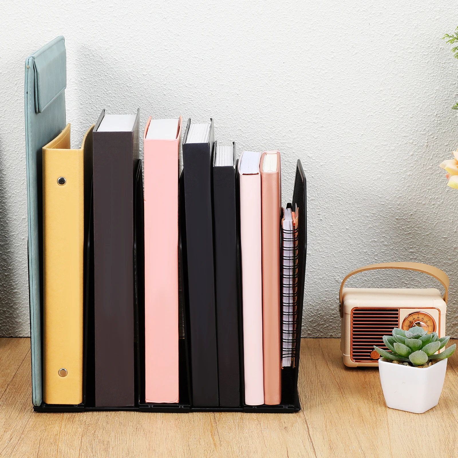 

Vertical File Organizer 5 Section Metal Desktop Rack for Office Home School Tidy Document and Paper Storage File Stand for Desk