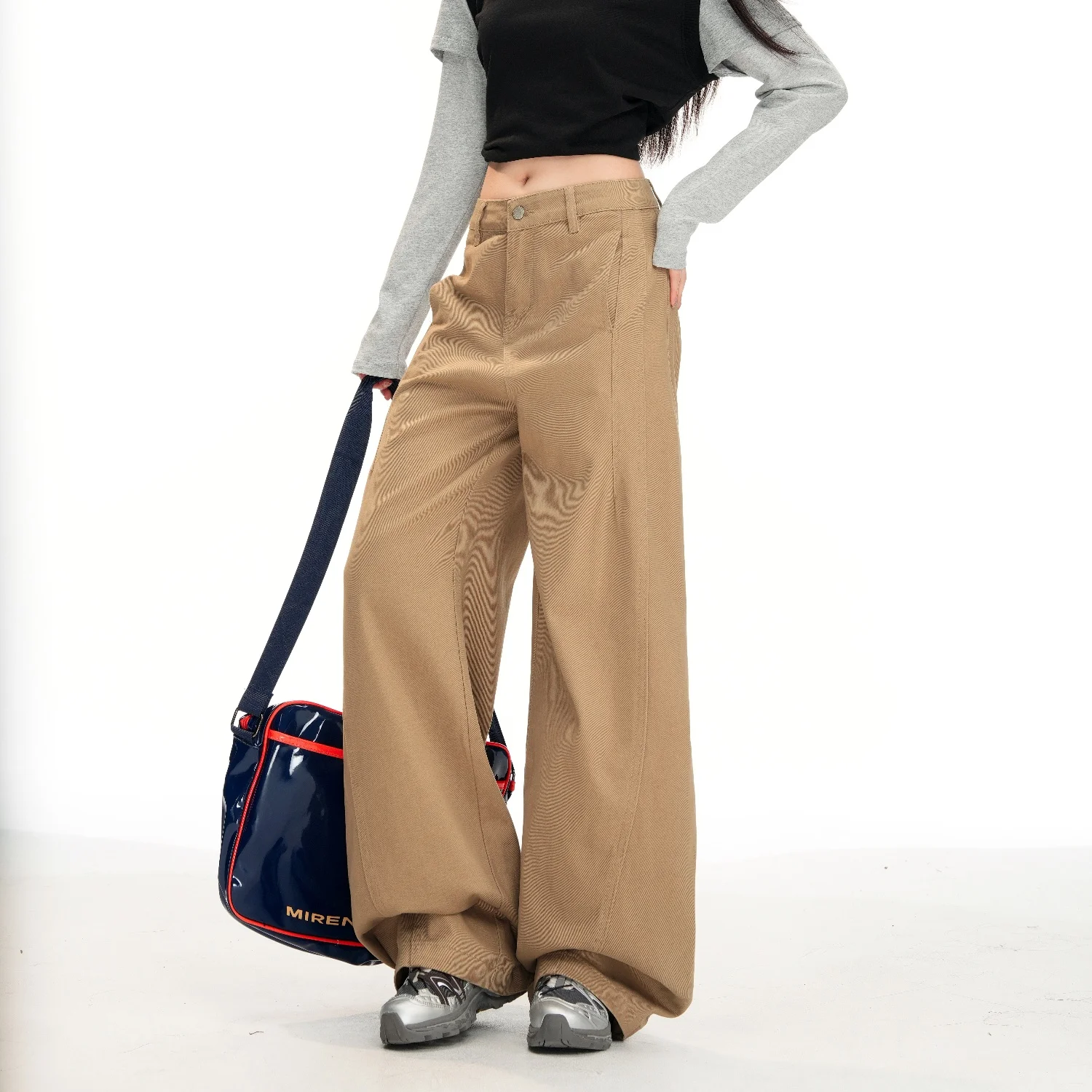 Khaki Women's Straight Leg Wide Leg Denim Pants Washed Vintage Casual Minimalist Straight-Leg Pants Autumn Loose Retro Trousers