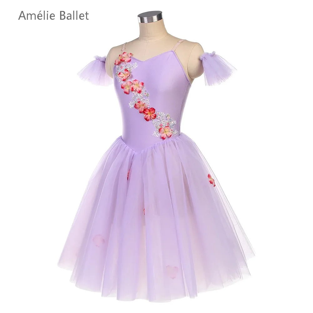 Costumes de Ballet pour filles adultes, vêtements de danse sur scène, corsage en Spandex lilas avec garniture florale, Costumes de Ballet romantiques, nouvelle collection 25076