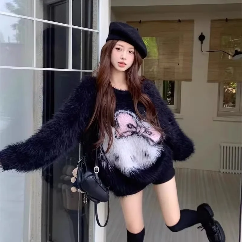 

In Stock Hello Kitty Knitted Pink Pullovers Women'S Autumn And Winter Sweet Loose Sweaters Jacquard Imitation Mink Soft Tops