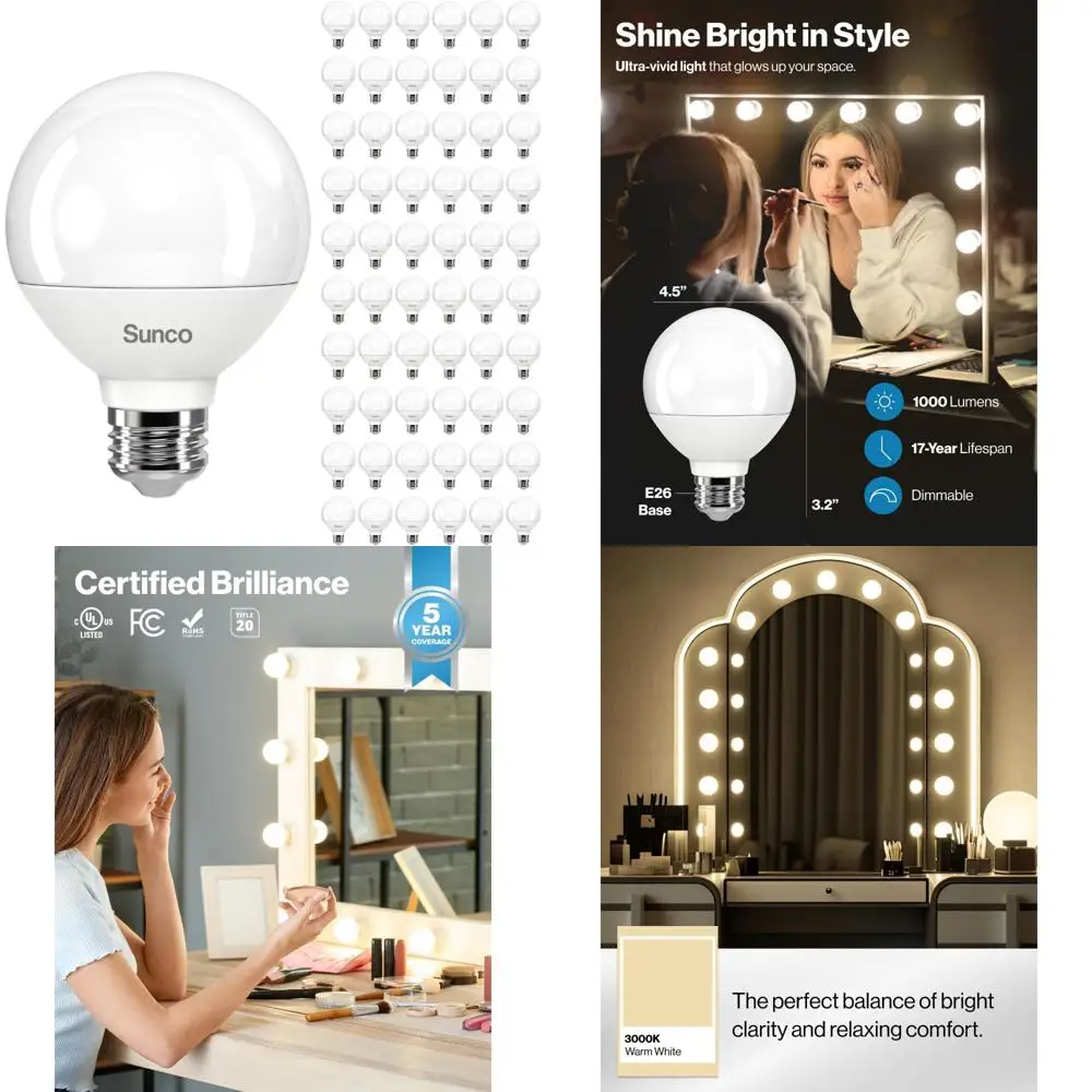 60 عبوة من مصابيح الزينة LED G25 Globe، مخرج عالي للحمام، 1000 لومن، 11 وات (ما يعادل 100 وات)، 3000 كلفن أبيض دافئ، موفر للطاقة