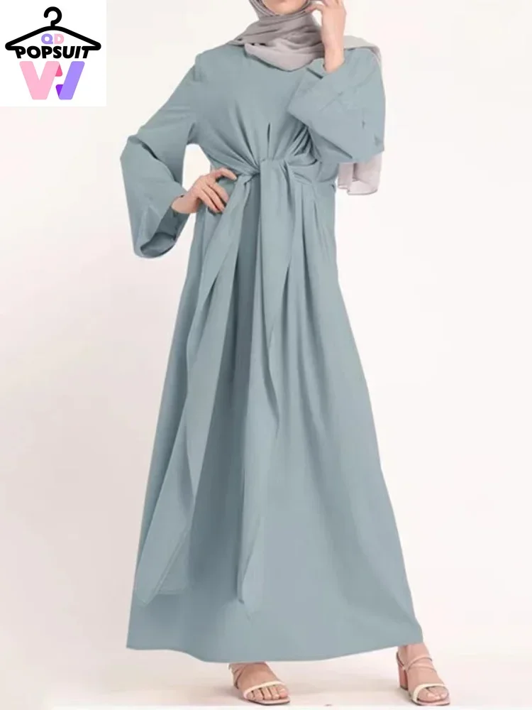 

New in Summer Women Dress Ramadan Abaya Muslim Musulmane Solid Lace-up Waist Baggy Cuff Full Length Worship Service Abayas Dress