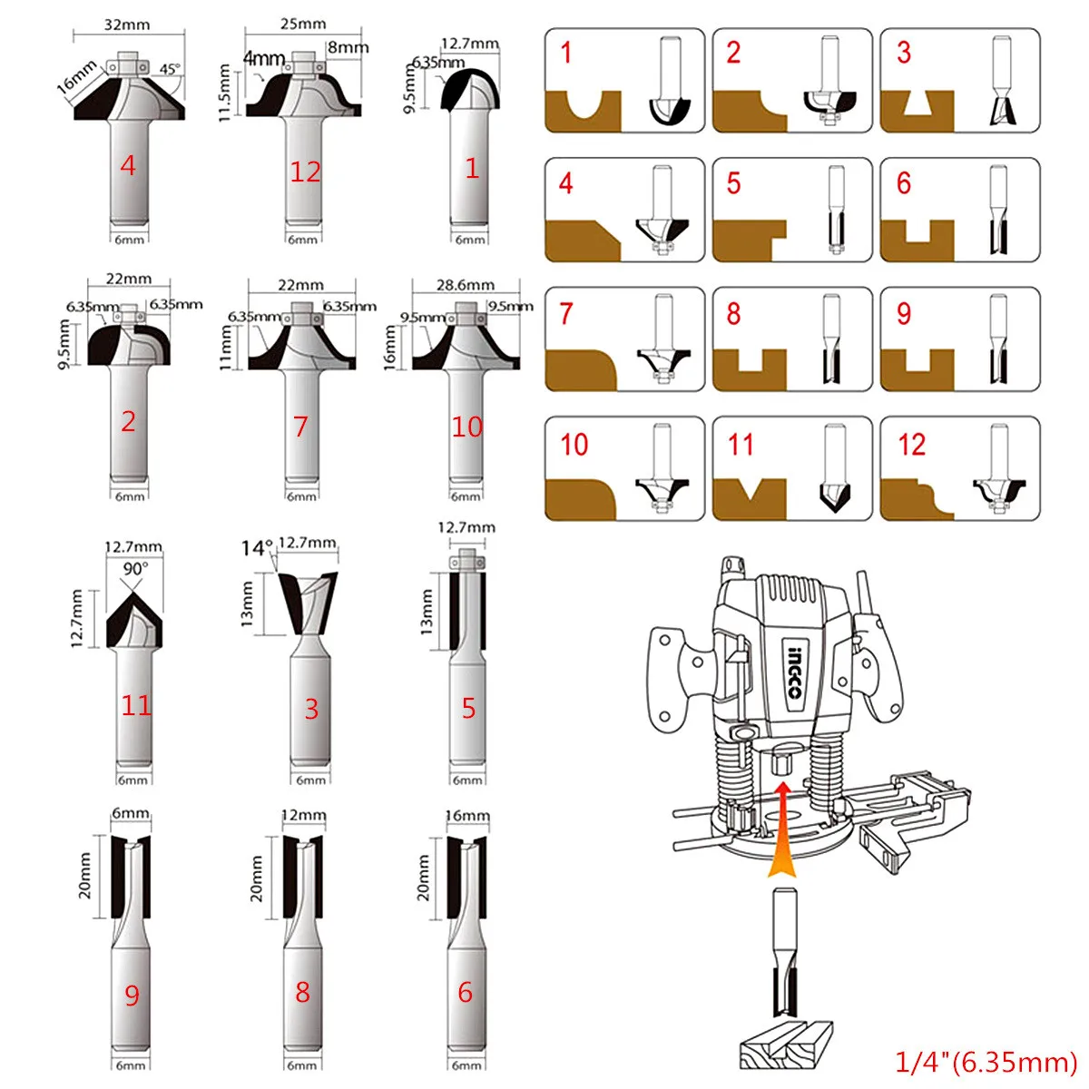 Juego de brocas de carburo para máquina de tallado de madera, enrutador de vástago de 1/2 "y 1/4", 12 unidades