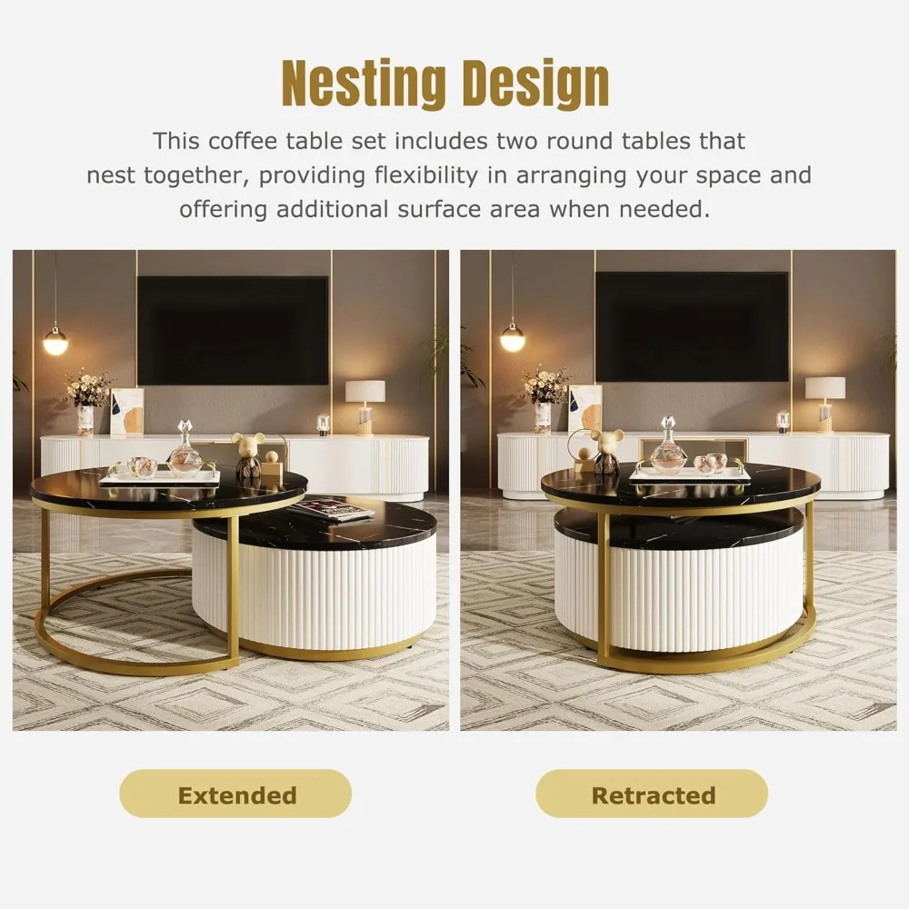 Nesting Coffee Table Set of 2, Modern Round with Drawer, Circular Wood Center for Living Room, Apartment, Black & Gold