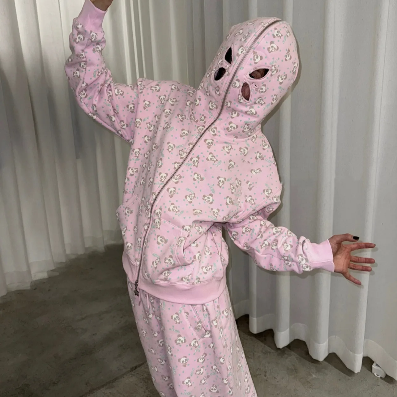 Ashley Women's Pink Panda Face Hoodie Jacket Casual Sweatpants Set Spring 2026 Korean Style Long Pants Four Seasons Wear