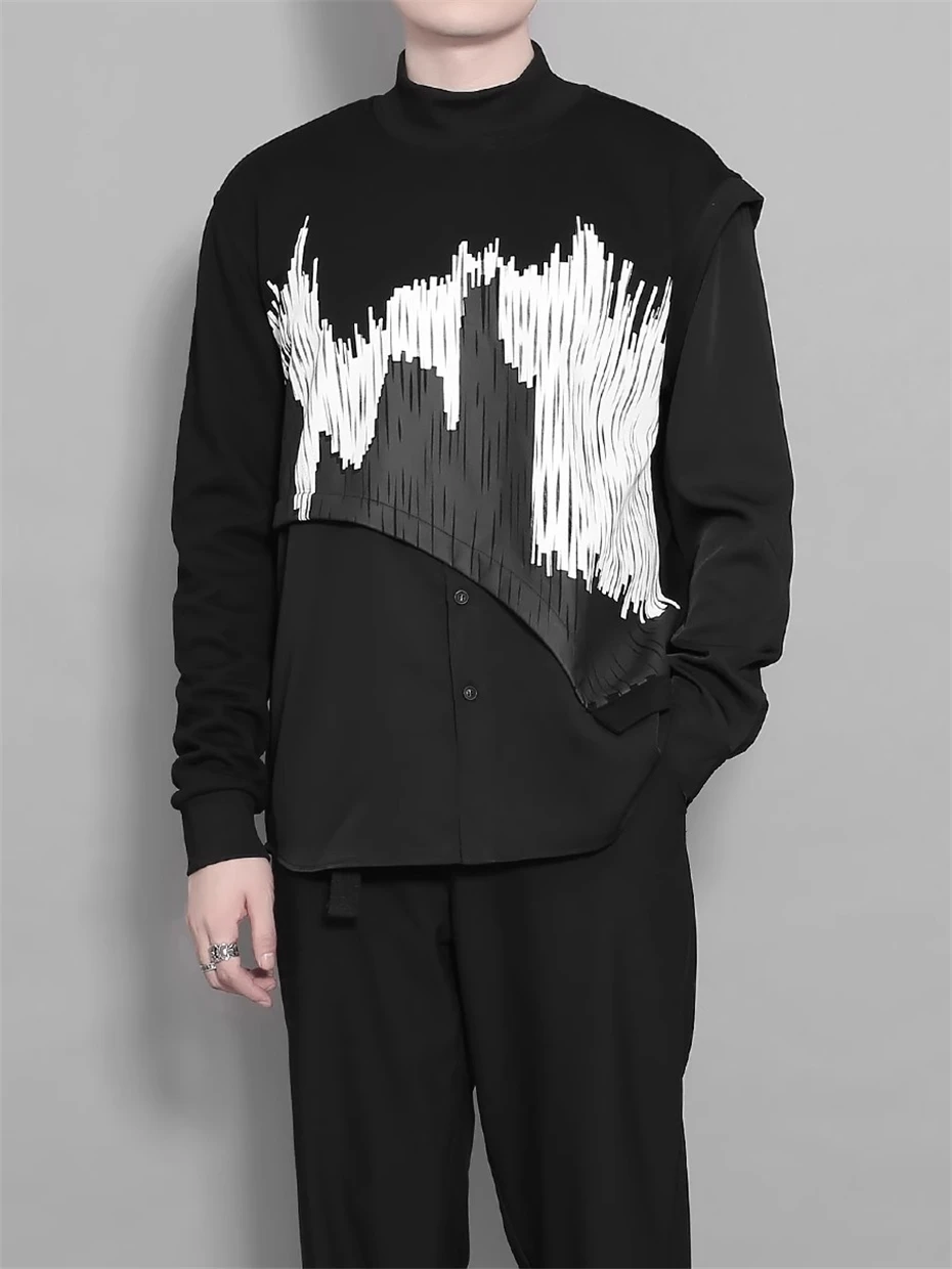 Striped Print Sweatshirts Mens Streetwear Punk Irregular Patchwork Pullover Oversized Harajuku Vintage Casual Sweatshirt Male