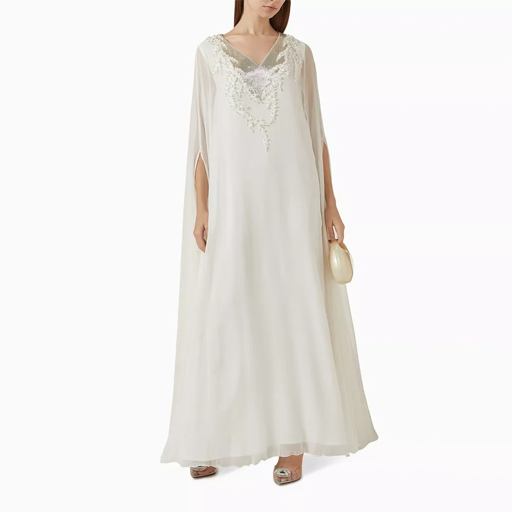 

Luxury Evening Dresses V-Neck Long Sleeves Bead Chiffon A-line Evening Gowns Ankle Length Prom Dresses Dress Customized