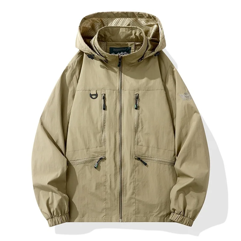 Jacket Men Army Green Hooded Cargo Windbreaker Jacket Outdoor Multi-pocket Windproof Drawstring Hood Casual Outerwear