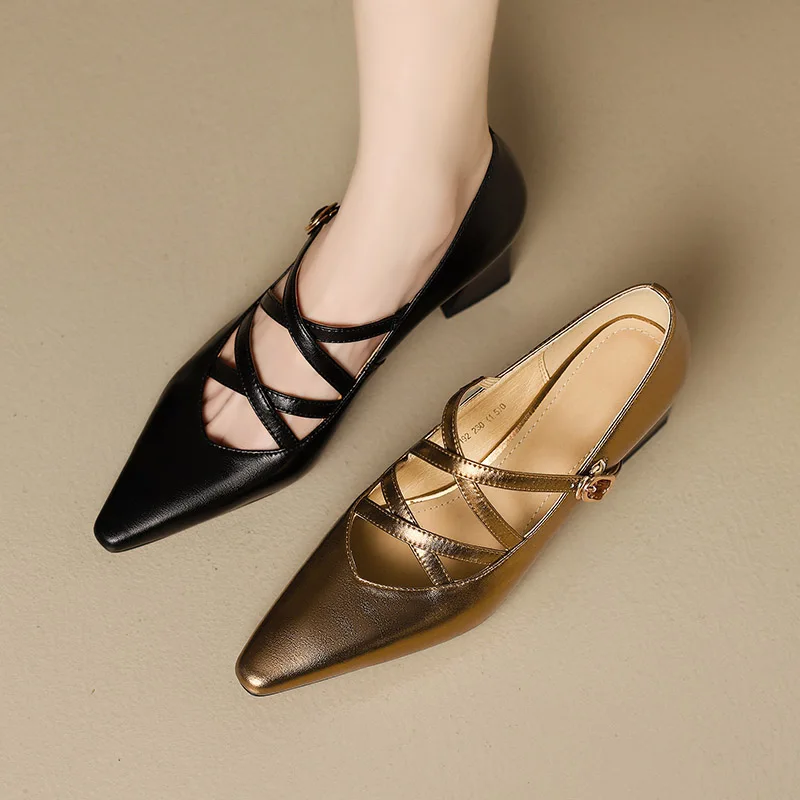 Phoentin retro cross buckle strap mary janes shoes for Women spring summer pointed toe high heels lady elegant pumps FT3423