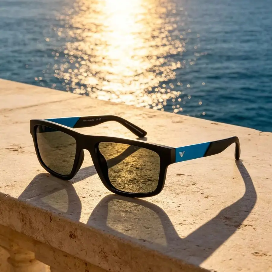 Emporio Armani EA4244U Square Sunglasses Matte Black Frame Blue Contrast Temple UV400 CAT.3 Grey Lens Men Casual Sunglasses