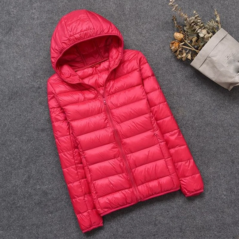 Chaqueta ultraligera con capucha de plumón de pato para mujer, abrigo cálido de manga larga, prendas de vestir portátiles sólidas, otoño e invierno,