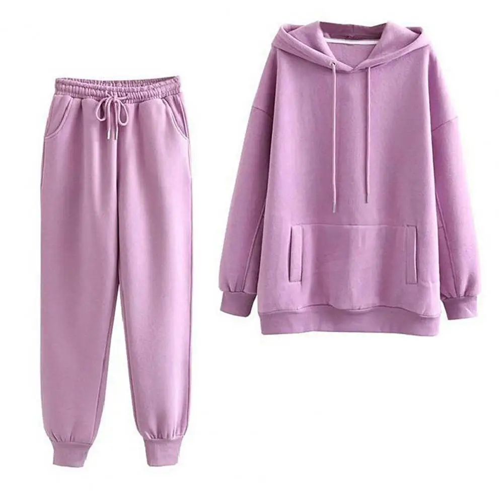 Women Tracksuit Hooded Sweatshirt and Sweatpants Solid Color 2 Piece Set Autumn Winter Warm Casual Female Suit