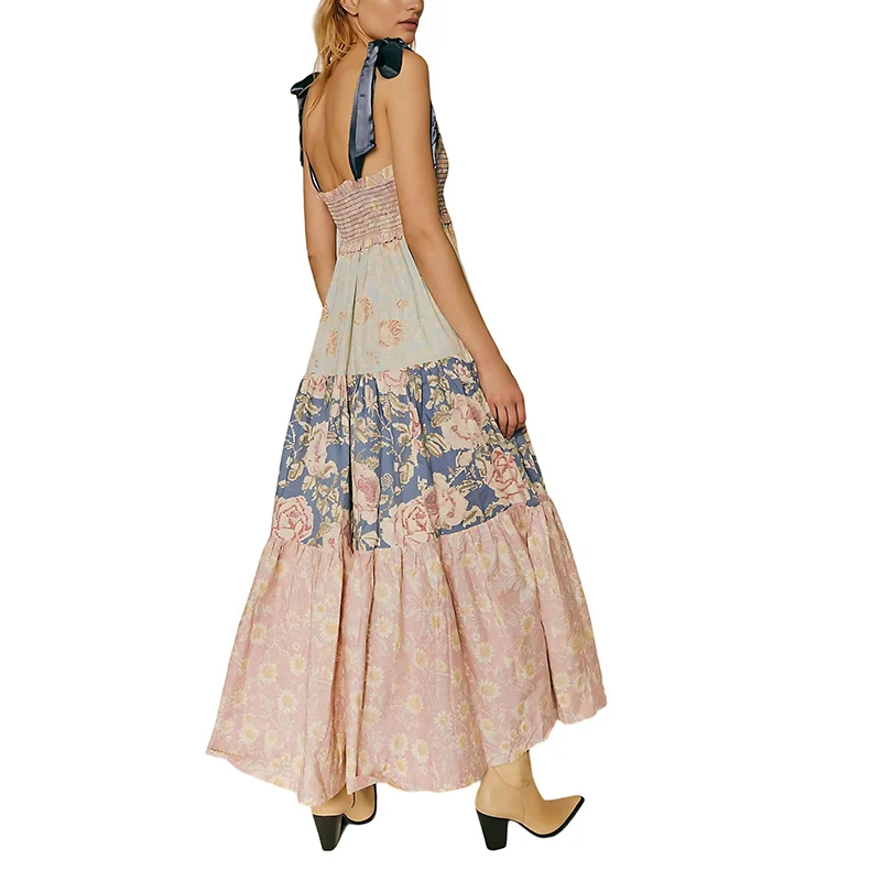 Retro ผู้หญิงฤดูร้อนชุดกระโปรงยาว Bohemian พิมพ์ชุดราตรี Sundress Casual หลวม Patchwork จีบ Maxi Dresses Vestido