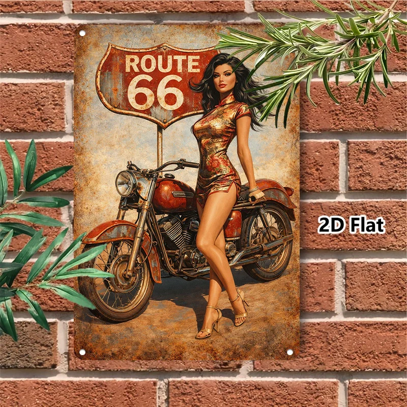 2D Flat Retro Road Motorcycle Girl Metal Sign - Vintage Highway Wall Decor for Garage Man Cave Home Biker Rider Gift