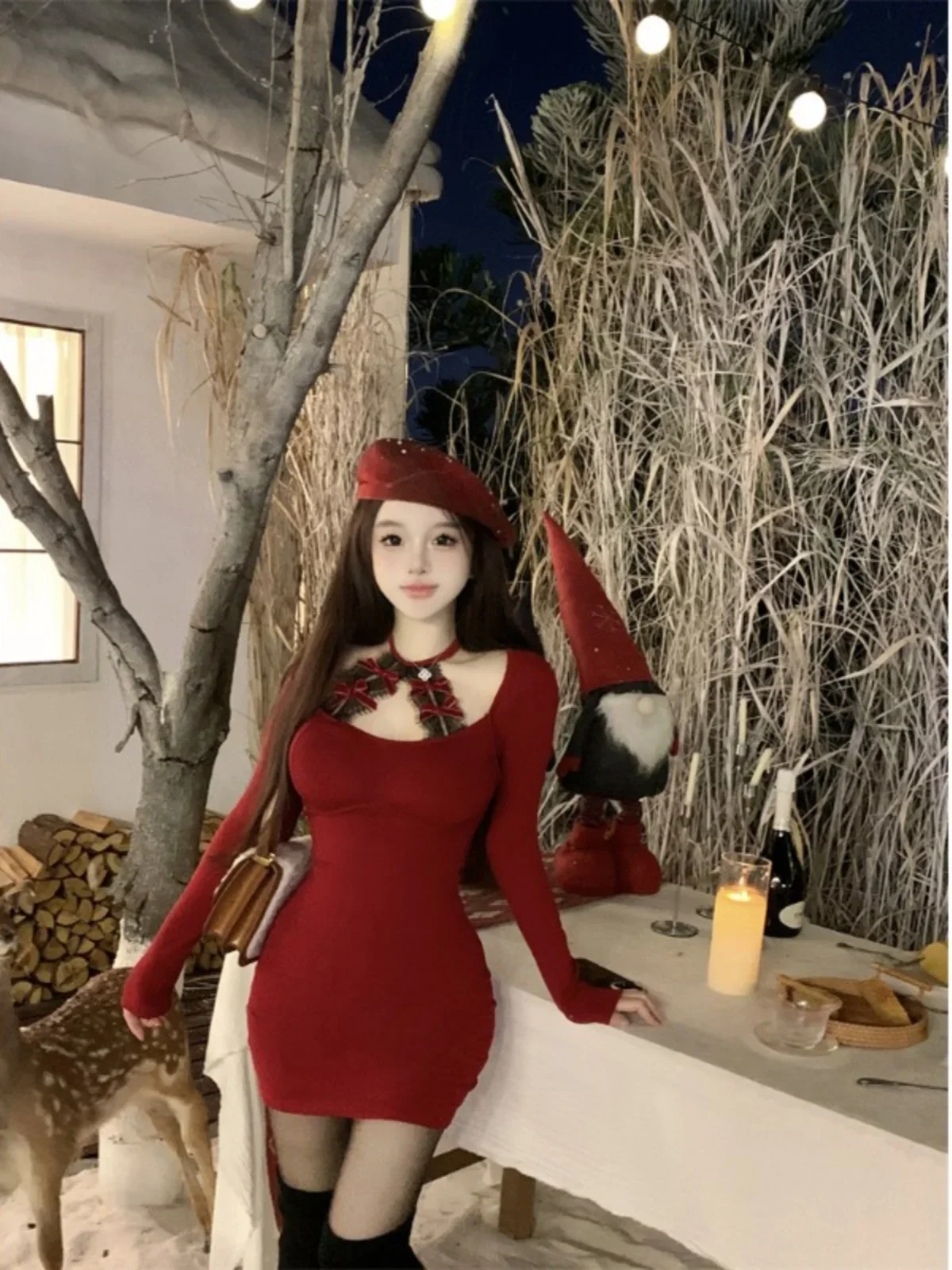 

Lace Stitching Hanging Neck Round Neck Bottoming Dress Women Winter Gyaru Tight Waist Hugging Skirt Red Long sleeve Short...