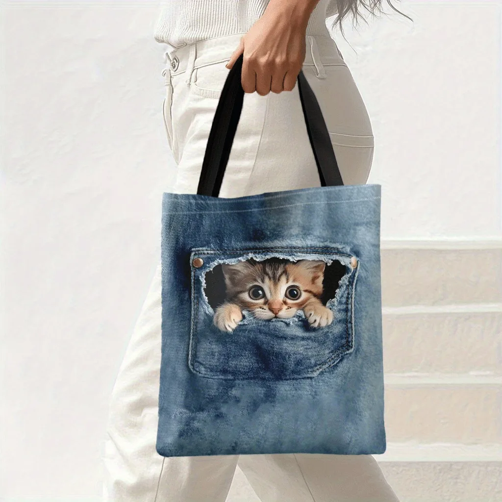 Storage Bag Cat Peeking Through Jeans Pocket Pattern Handbag Cute Animal Tote Bags Suitable For Shopping Traveling Shoulder Bag