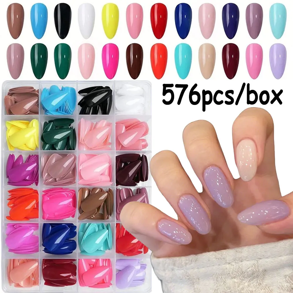 

576Pcs/Box Medium Long Almond Solid Color Press On Nails 24 Colors Solid Full Cover Fake Nails Tips Glossy Acrylic False Nails