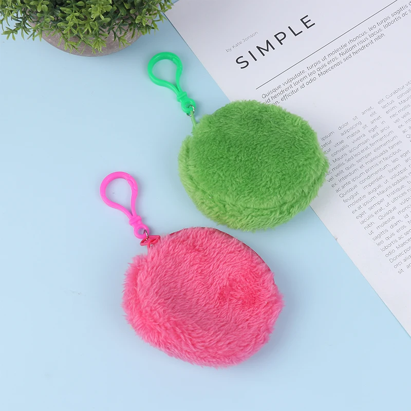 Solid Color Candy Color Round Plush Coin Purse Women Cute Change Pouch Wallet Keychain Portable Earphone Storage Bags