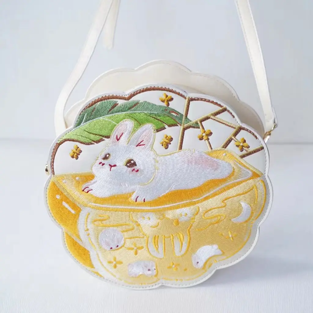 Chinese Double-sided embroidered three-dimensional moon cake bag cute rabbit Hanfu bag Chinese Ancient Embroidery Handbag