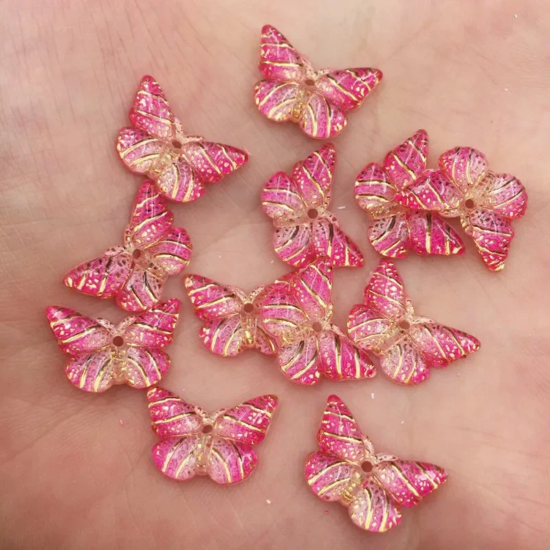 Pretty 40pcs Resin Colorful Crystal Butterfly Flat Back Rhinestone Scrapbook DIY Wedding Appliques 1 Hole Ornament Craft G41