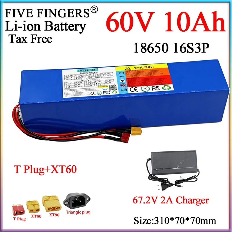 60V 10Ah 18650 16S3P Li-ion Battery Pack Rechargeable 1000W High Power For E-two wheelers Scooter Motorcycle Tricycle+2A Charger