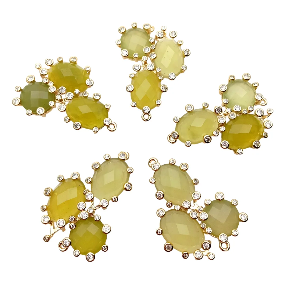 Wholesale 5 Pcs Cz pave faceted teardrop coin 25x35mm Yellow Lemon Jade   Double Ring Connector Spacer For DIY