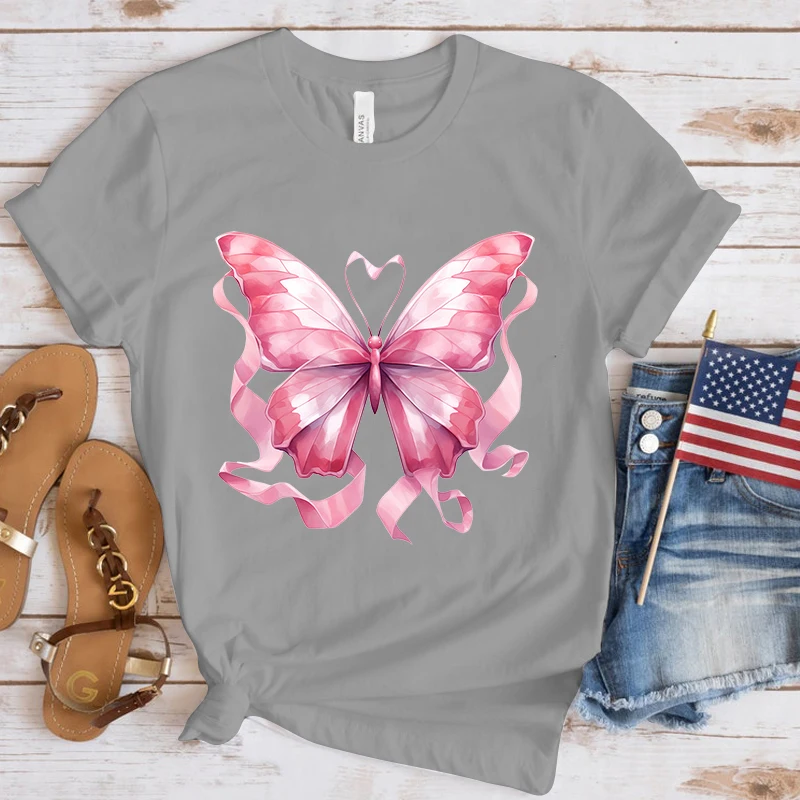 Hot Breast Cancer Awareness Butterfly Print T-Shirt Summer Casual Loose T Shirt Women Men Harajuku Shirts