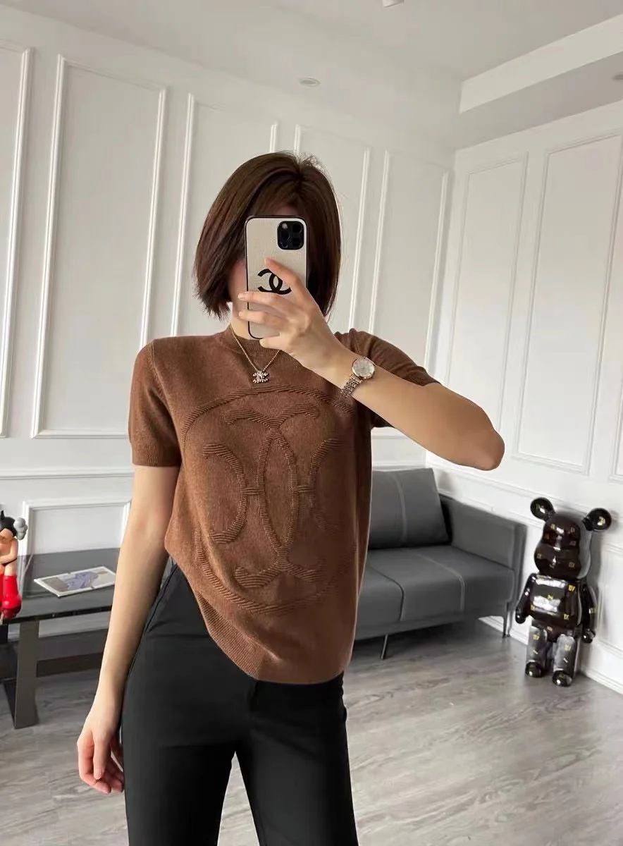 2022 Autumn Luxury Collection Wool Cashmere Short Sleeve Knitted Elegant Casual Top