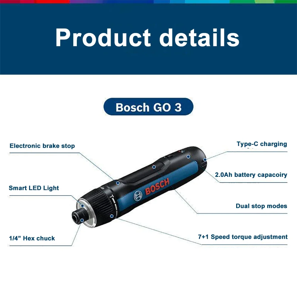 BOSCH GO 3 Cordless electric screwdriver 5 Nm Type-C Charging screwdrivers 3.6V 2Ah Battery Screw Driver Forward