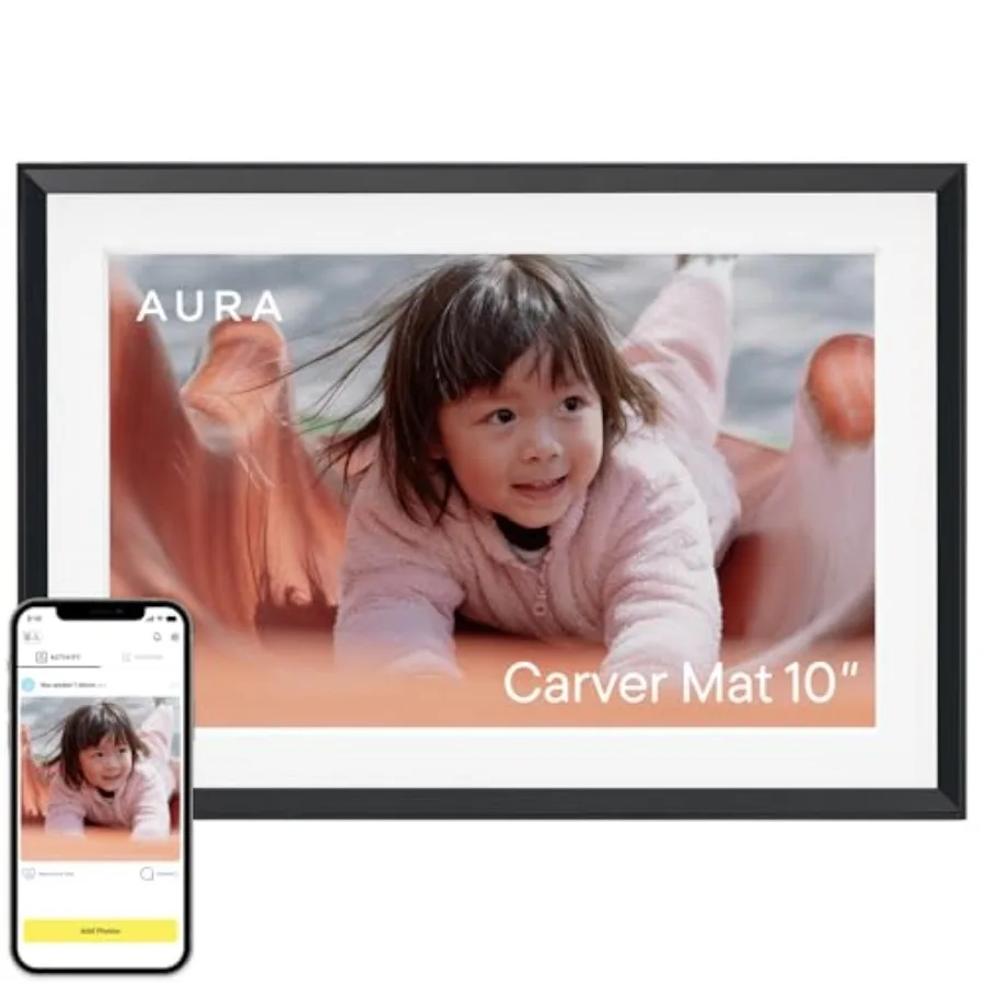 

Carver 10 HD WiFi Digital Picture Frame for home use wood-grain finish sleek black free unlimited cloud storage and one-minute