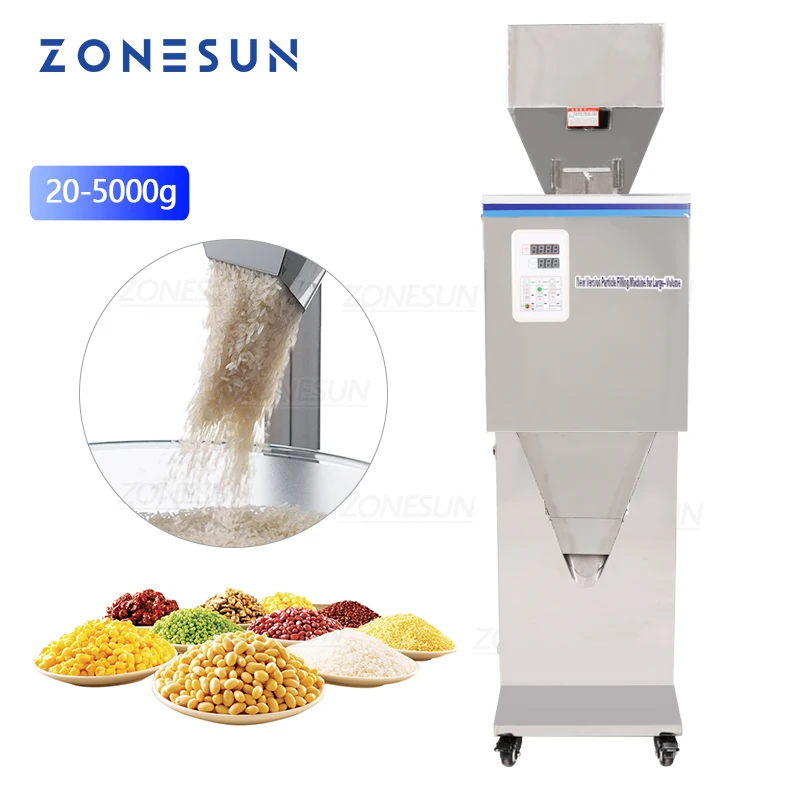 ZONESUN ZS-DL5000 20-5000g Vibration Coffee Bean Tea Sachet Powder Pouch Semi Automatic Racking Weighing Filling Machinery