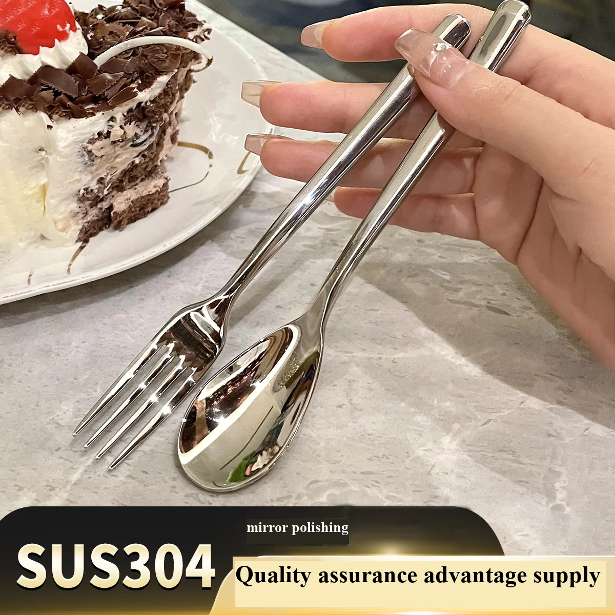 2Pcs 304 Stainless Steel Thickened Dessert Spoon Fork – Light Luxury French Long Handle Hotel Coffee Fruit Spoon Set