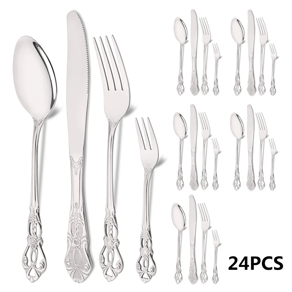 6/24Pcs Silver Dinnerware Set Knife Fruit Fork Spoon Ice Spoon Flatware Stainless Steel Cutlery Kitchen Silverware Tableware Set