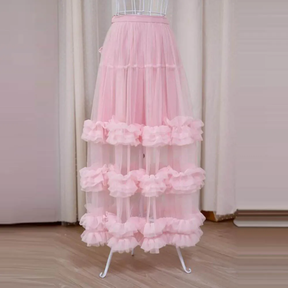 Pink Tulle Skirt Tiered  See Through Party Skirts for Women Bow Sash Lush Mesh Birthday Skirt Maxi Dance Street Style Saias