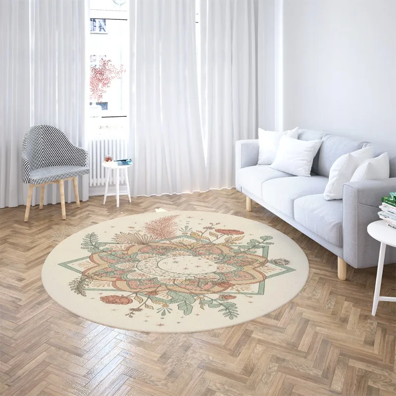 Lotus Round Area Rug Soft Anti-slip Circular Floor Mat Bohemian Floral Print Carpet For Yoga Room Bedroom Living Room Decor Mat