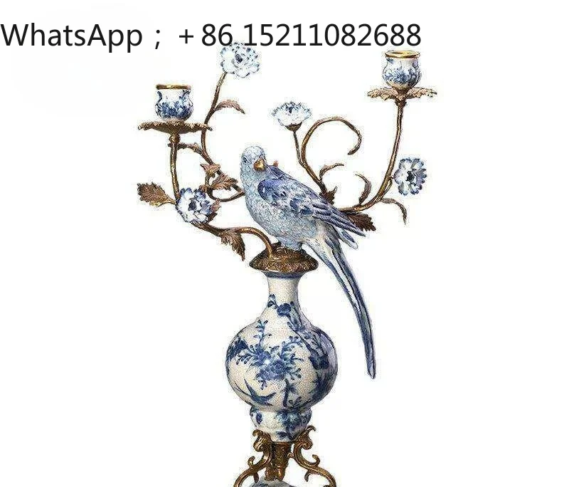 LLY Luxury Chinese Style Art Ceramic Five-headed Parrot Decorative Candlestick Villa Tabletop Ornament
