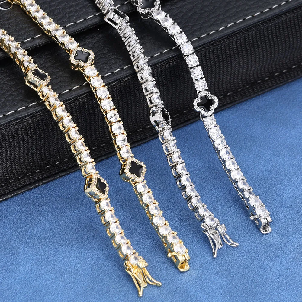 NUOYA Hip Hop Jewelry 4mm Iced Out Moissanite Tennis Chain Black Four Leaf Clover Tennis Chain Necklace Gift for Men Women..