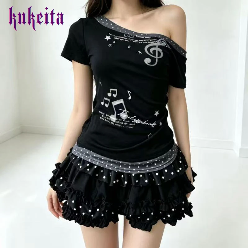 

Kukeita Harajuku Gothic Y2K Music Note Print Off Shoulder T-Shirt+Polka Dot Ruffles Skirt Sets Kawaii Punk Girls Chic Streetwear
