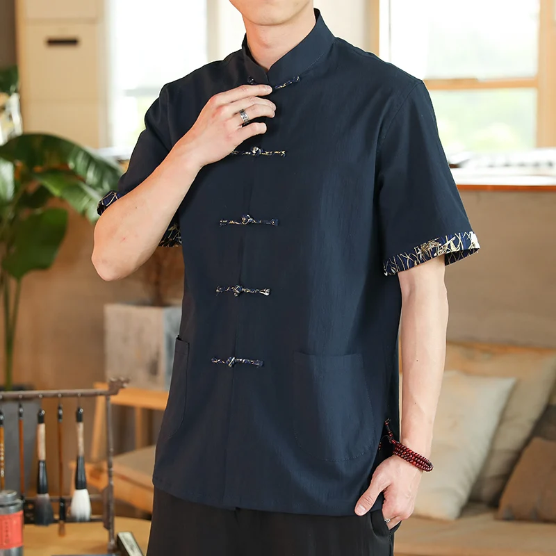 

Summer Thin ort Sve irt Men's Casual Loose Vintage Chinese Sle Button down Collar Tang Costume Stand Collar irt