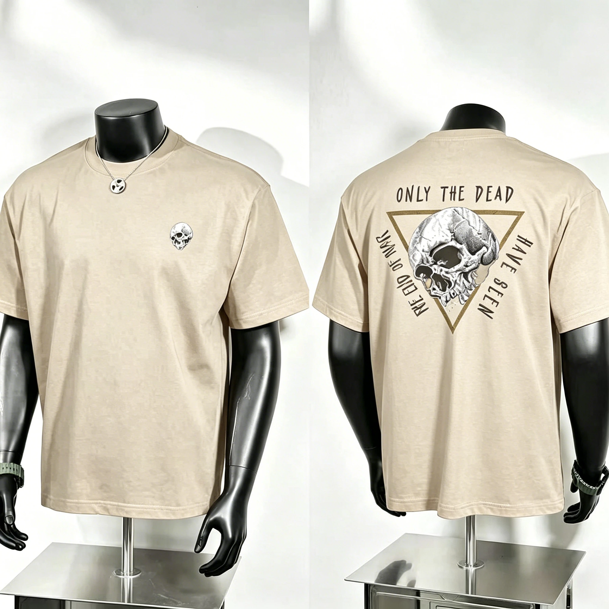 Skull Print T Shirt, Minimal Sketch Skull on Chest and Large Triangle Border Skull Back Graphic, Dark Streetwear Tee