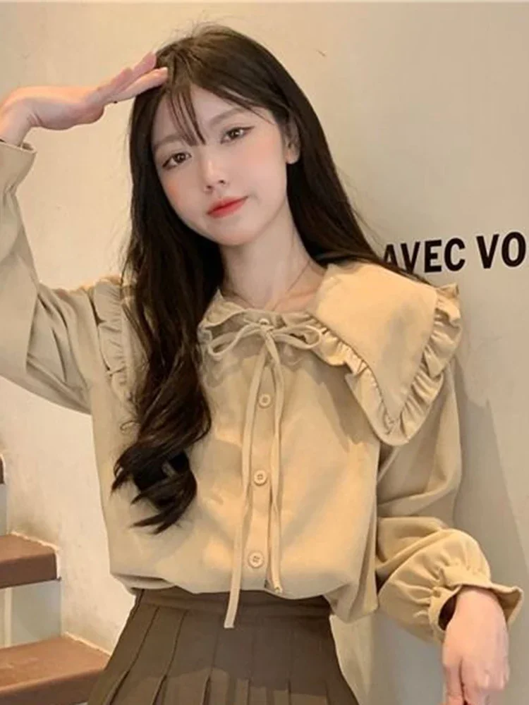 

Vintage Sweet Long Sleeve Shirt Women Autumn Preppy Style Bow Lace Up Blouse Kawaii Ruffles Casual Lady All Match Tops New