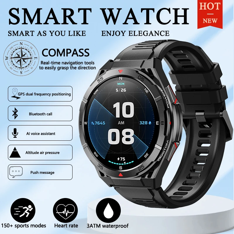 New Outdoor GPS Bluetooth Call Music Player 3ATM Waterproof Fitness Sports Watch 1.43-inch AMOLED HD Round Screen Smart Watch