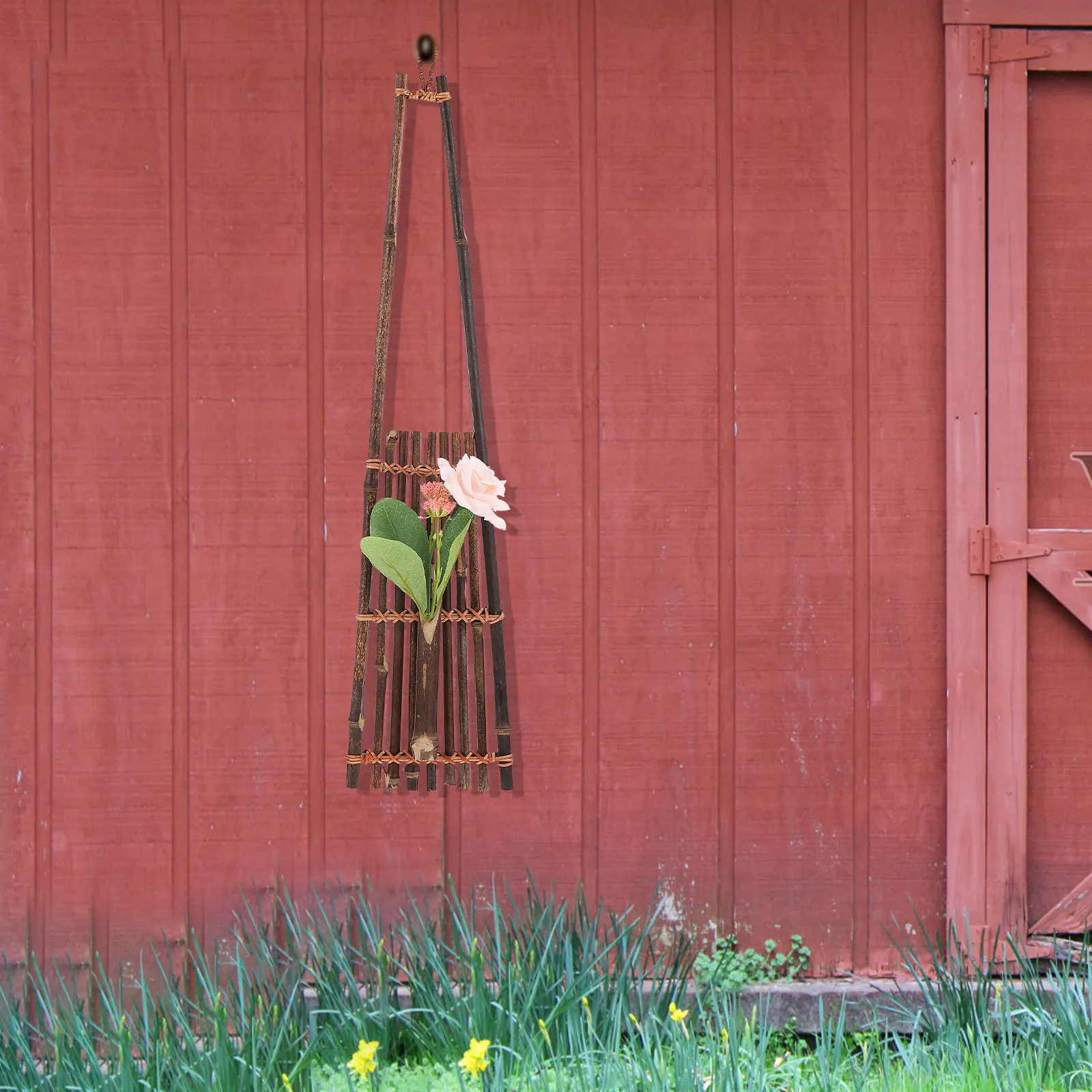 

1pc Zen Style Flower Arrangement Vase Chinese Design Hanging Dried Flower Container For Home Decor Living Room Wall Bamboo