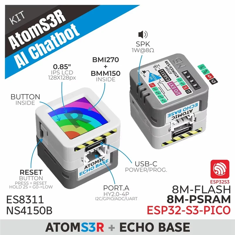 رائعة-لـ M5stack Atoms3r Al Chatbot Kit Atoms3r مع مجموعة قاعدة ECHO الذرية فلاش 8 ميجابايت وذاكرة وصول عشوائي 8 ميجابايت PSRAM